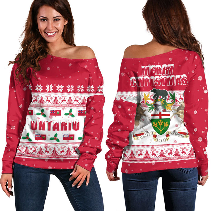 Ontario Off Shoulder Sweatshirt Christmas Knit Style Snowflake Reindeer