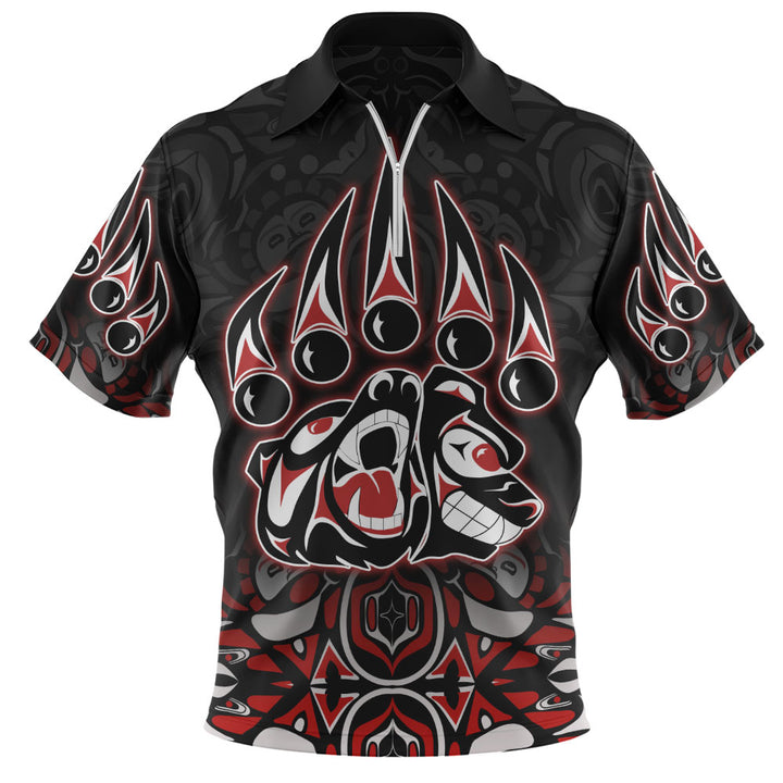 Canada Zip Polo Shirt Spirit Of The Bear Claw Tribal Power