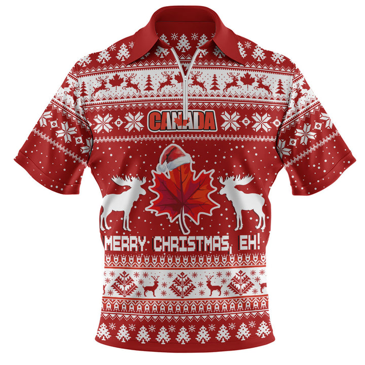 Canada Zip Polo Shirt Maple Leaf Merry Christmas Eh
