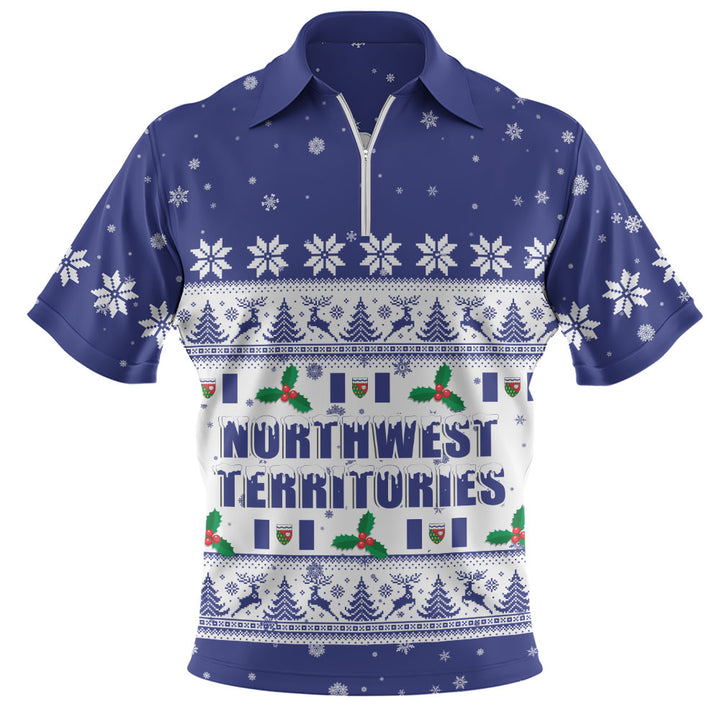 Northwest Territories Zip Polo Shirt Christmas Knit Style Snowflake Reindeer