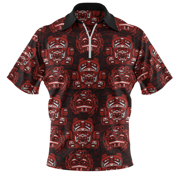 Canada Zip Polo Shirt Haida Spirit Face Totem Repeat Print