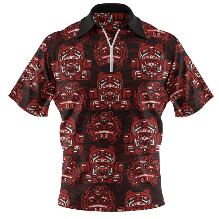 Canada Zip Polo Shirt Haida Spirit Face Totem Repeat Print