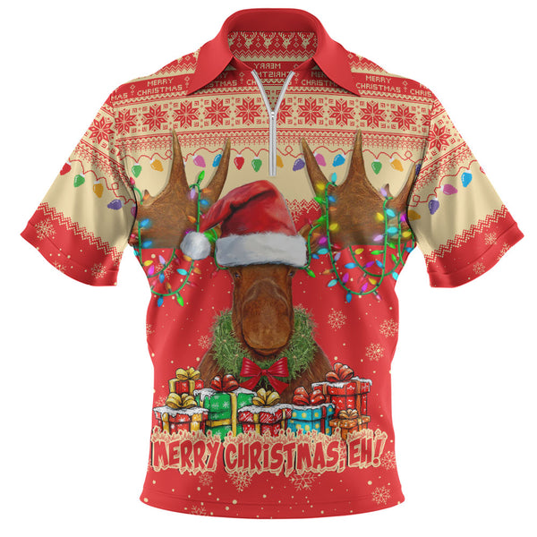 Canada Zip Polo Shirt Xmas Moose Lights Celebration