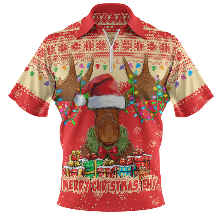 Canada Zip Polo Shirt Xmas Moose Lights Celebration