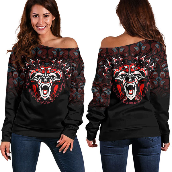Canada Off Shoulder Sweatshirt Tribal Bear Awakening