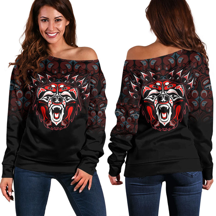 Canada Off Shoulder Sweatshirt Tribal Bear Awakening