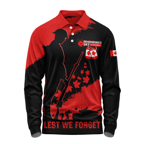 Canada Long Sleeve Polo Shirt Remembrance Day Maple Heroes Tribute