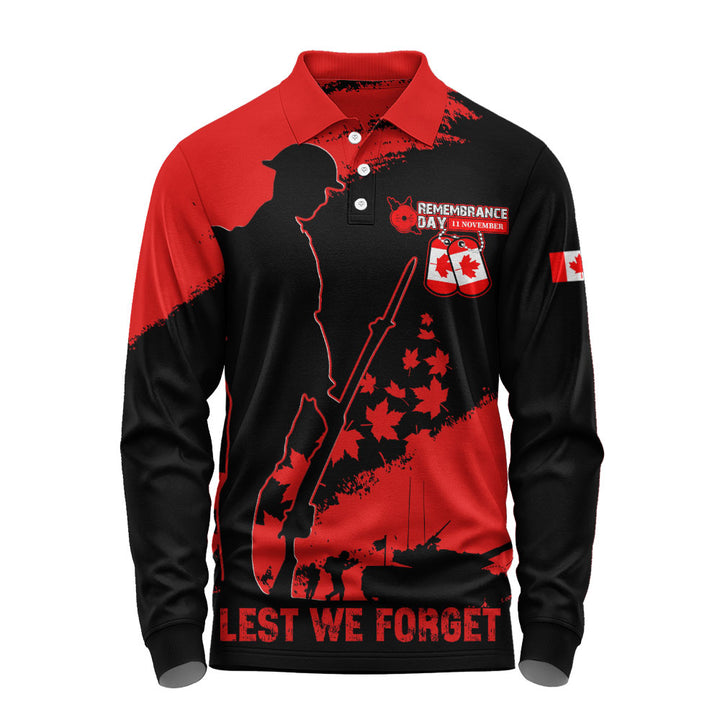 Canada Long Sleeve Polo Shirt Remembrance Day Maple Heroes Tribute