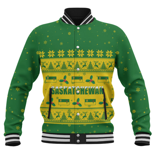 Saskatchewan Baseball Jacket Christmas Knit Style Snowflake Reindeer