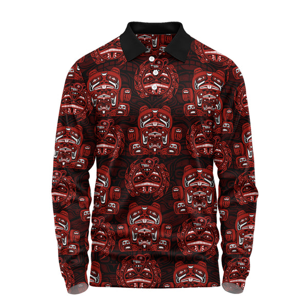 Canada Long Sleeve Polo Shirt Haida Spirit Face Totem Repeat Print