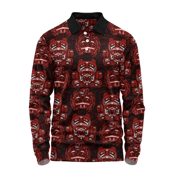 Canada Long Sleeve Polo Shirt Haida Spirit Face Totem Repeat Print