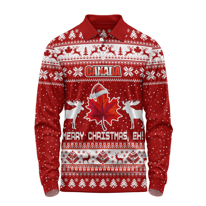 Canada Long Sleeve Polo Shirt Maple Leaf Merry Christmas Eh