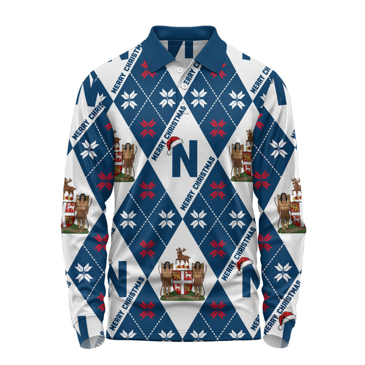 Newfoundland & Labrador Long Sleeve Polo Shirt Christmas Argyle Pattern With Royal Crest