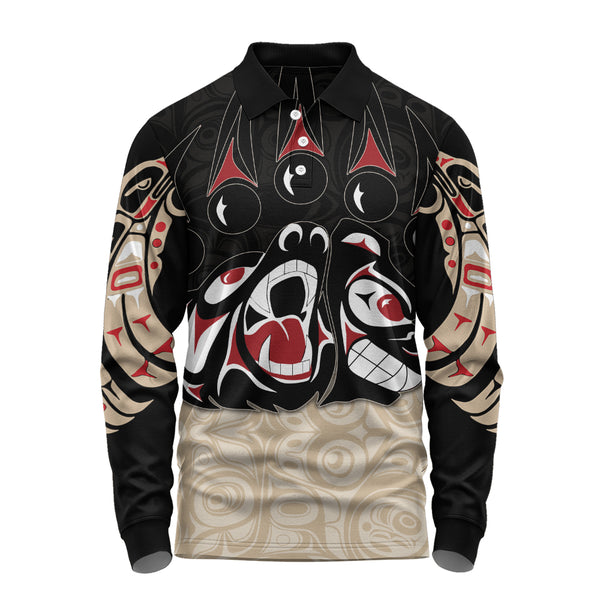 Canada Long Sleeve Polo Shirt Haida Strength Roaring Ancestral Energy