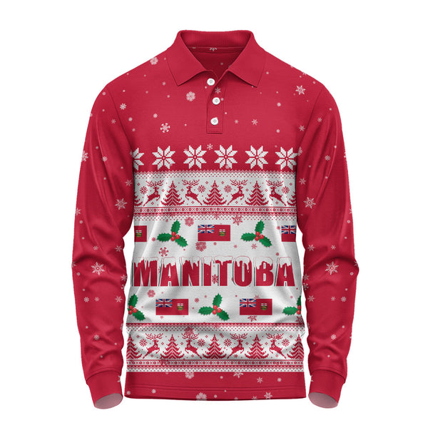 Manitoba Long Sleeve Polo Shirt Christmas Knit Style Snowflake Reindeer
