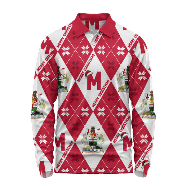Manitoba Long Sleeve Polo Shirt Christmas Argyle Pattern With Royal Crest