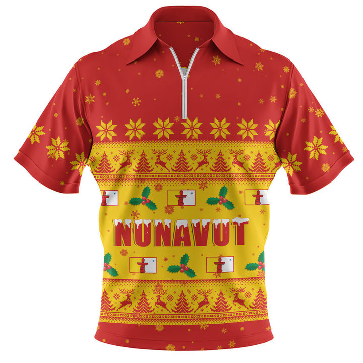 Nunavut Zip Polo Shirt Christmas Knit Style Snowflake Reindeer