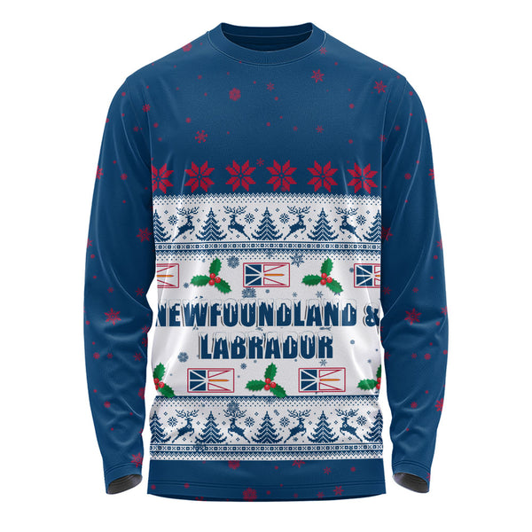 Newfoundland & Labrador Long Sleeve T-Shirt Christmas Knit Style Snowflake Reindeer