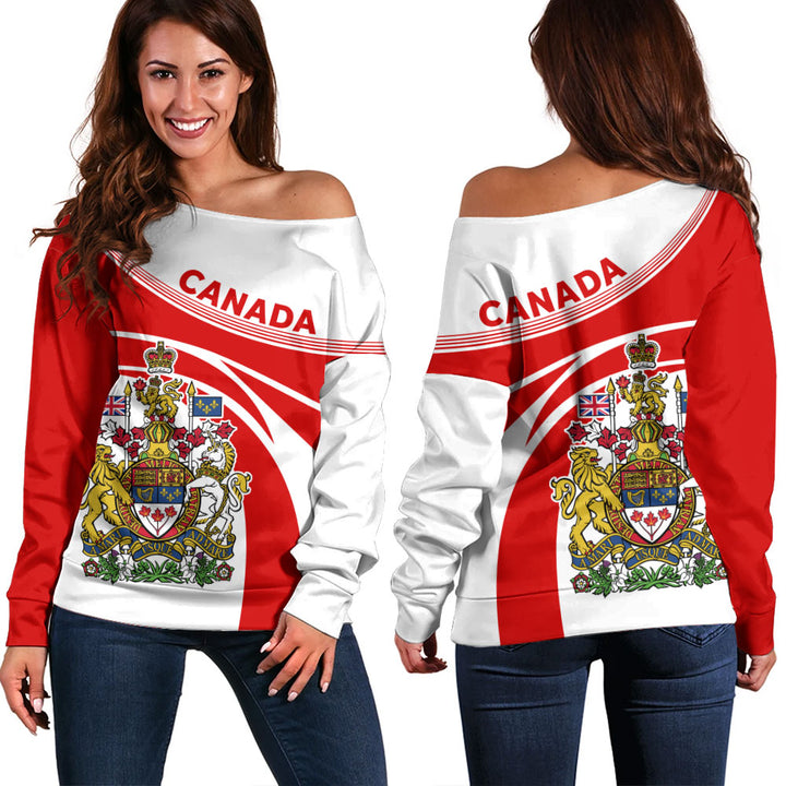 Canada Off Shoulder Sweatshirt Canada Coat Of Arms Glory Royal Design
