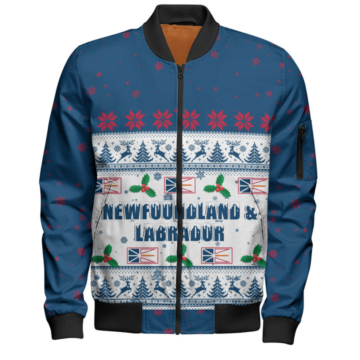 Newfoundland & Labrador Bomber Jacket Christmas Knit Style Snowflake Reindeer