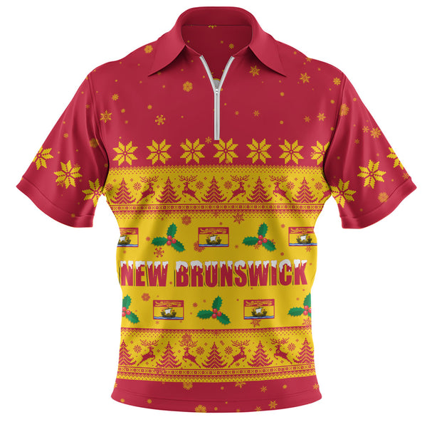 New Brunswick Zip Polo Shirt Christmas Knit Style Snowflake Reindeer