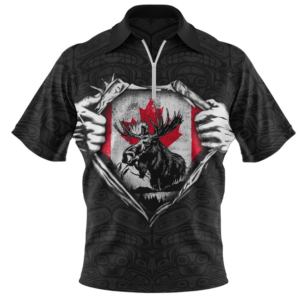 Canada Zip Polo Shirt Haida Maple Flag Moose Legacy
