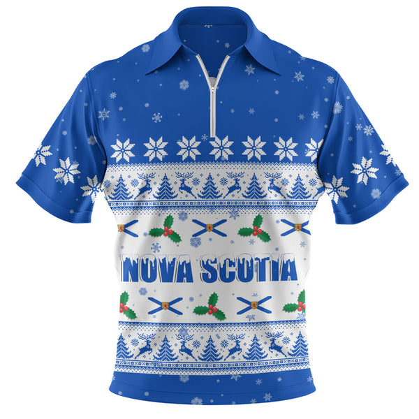 Nova Scotia Zip Polo Shirt Christmas Knit Style Snowflake Reindeer