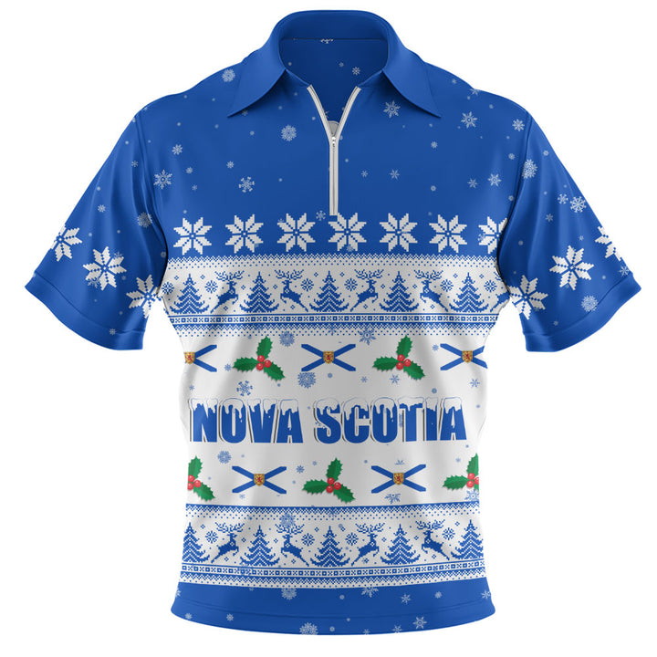 Nova Scotia Zip Polo Shirt Christmas Knit Style Snowflake Reindeer