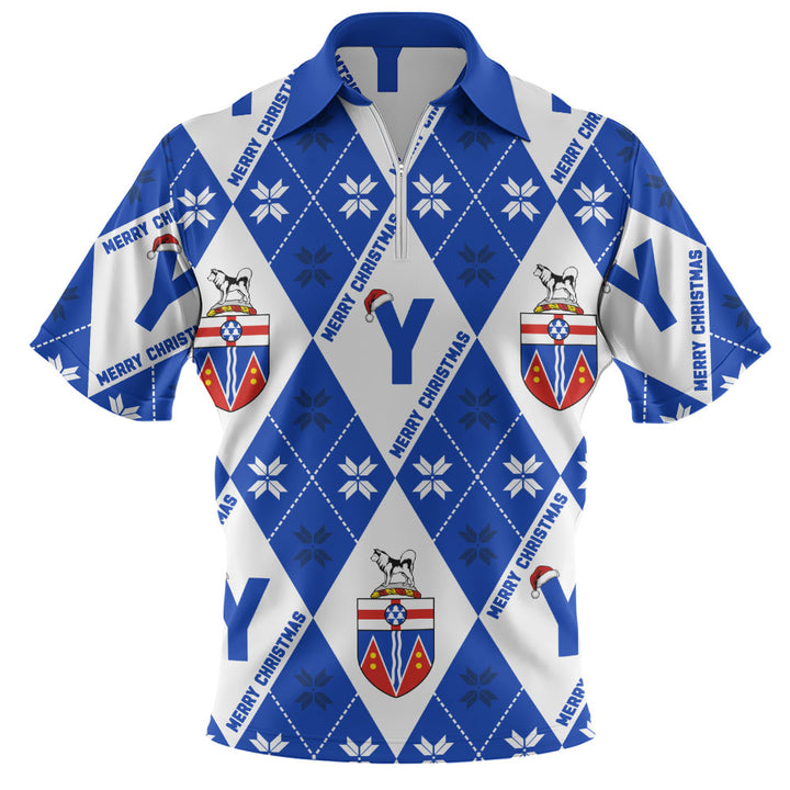 Yukon Zip Polo Shirt Christmas Argyle Pattern With Royal Crest