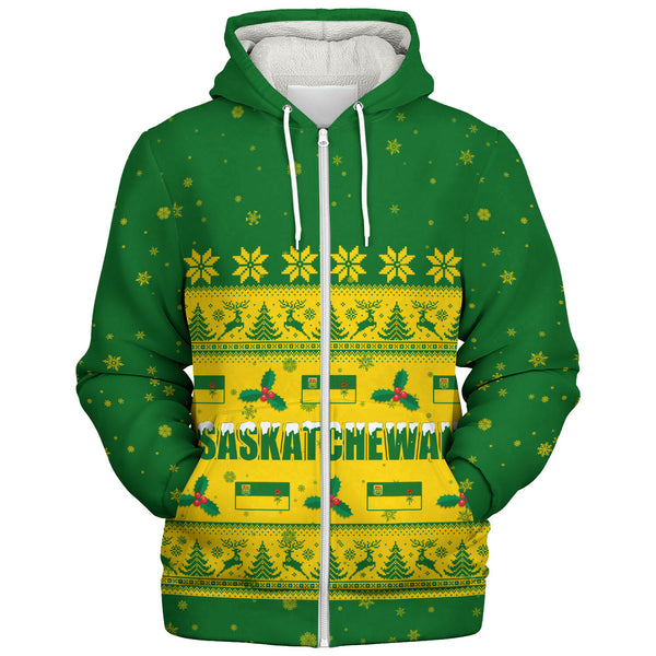 Saskatchewan Sherpa Hoodie Christmas Knit Style Snowflake Reindeer