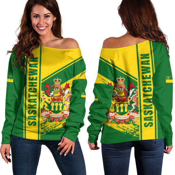 Saskatchewan Off Shoulder Sweatshirt Heritage Strength Crest