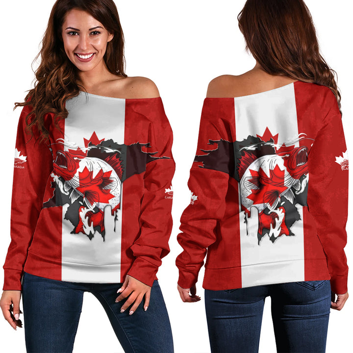 Canada Off Shoulder Sweatshirt Born To Fish Proud To Be Canadian
