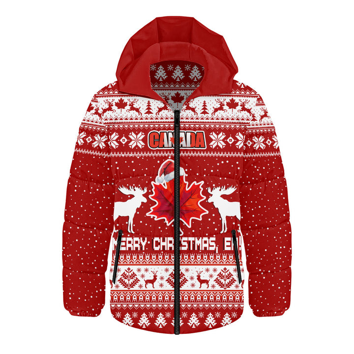 Canada Hooded Padded Jacket Maple Leaf Merry Christmas Eh