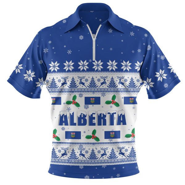 Alberta Zip Polo Shirt Christmas Knit Style Snowflake Reindeer