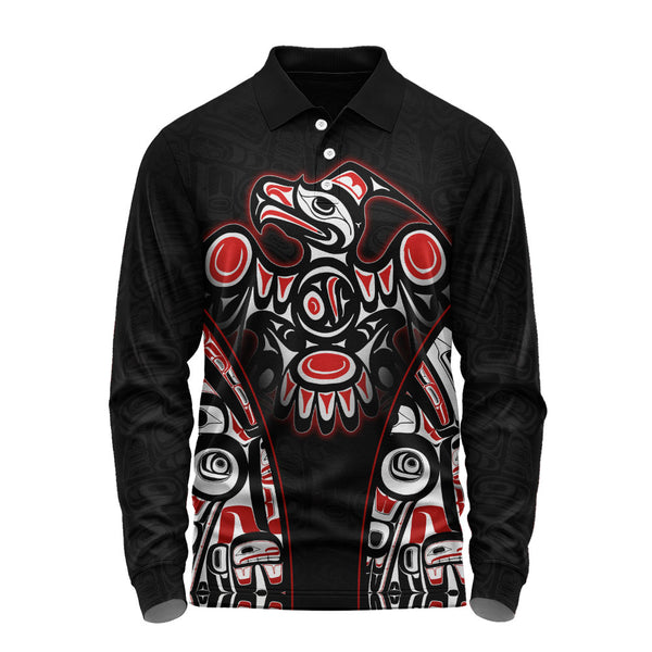 Canada Long Sleeve Polo Shirt Thunderbird Totem Legacy Black And Red Power