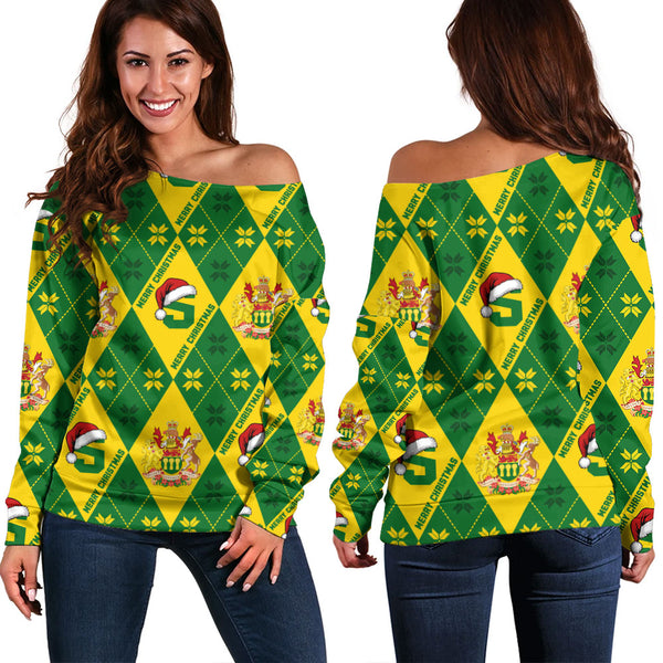 Saskatchewan Off Shoulder Sweatshirt Christmas Argyle Pattern With Royal Crest