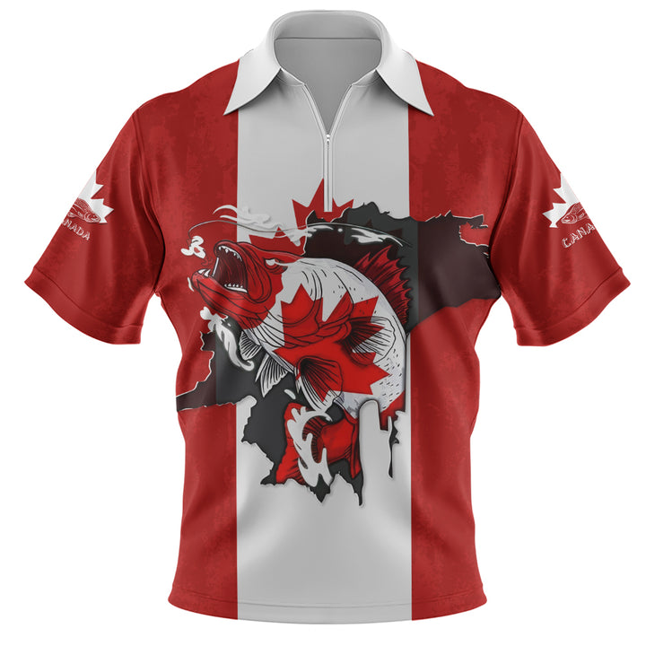 Canada Zip Polo Shirt Born To Fish Proud To Be Canadian