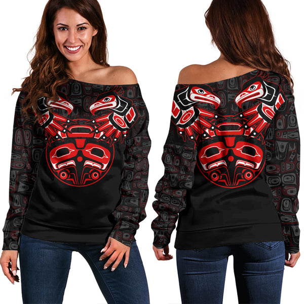 Canada Off Shoulder Sweatshirt Haida Twin Ravens