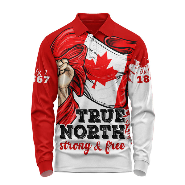 Canada Long Sleeve Polo Shirt True North Strong Free Canada Flag Power
