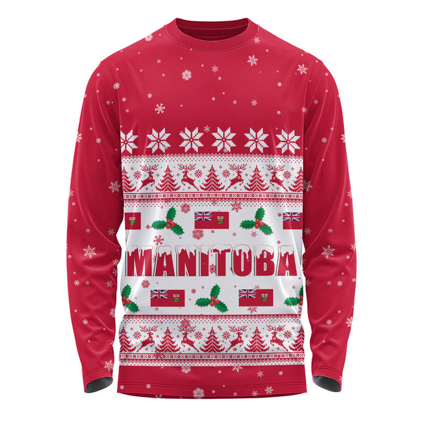 Manitoba Long Sleeve T-Shirt Christmas Knit Style Snowflake Reindeer