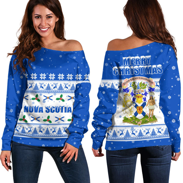 Nova Scotia Off Shoulder Sweatshirt Christmas Knit Style Snowflake Reindeer