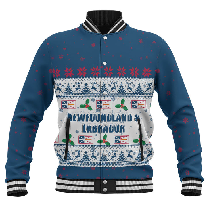 Newfoundland & Labrador Baseball Jacket Christmas Knit Style Snowflake Reindeer