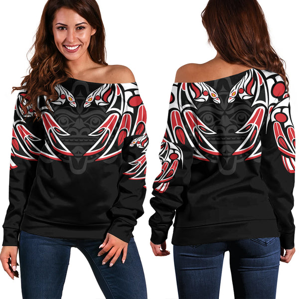 Canada Off Shoulder Sweatshirt Tribal Guardian Spirit Haida Style