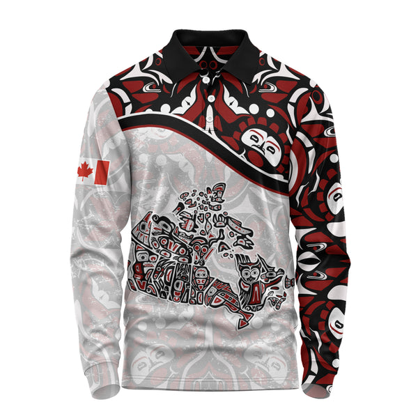 Canada Long Sleeve Polo Shirt The True North Totem Map Haida Edition