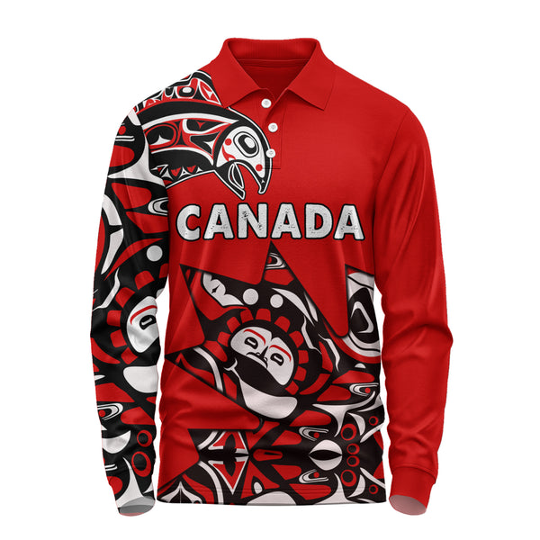 Canada Long Sleeve Polo Shirt Canada Maple Leafs Haida Spirit Pattern