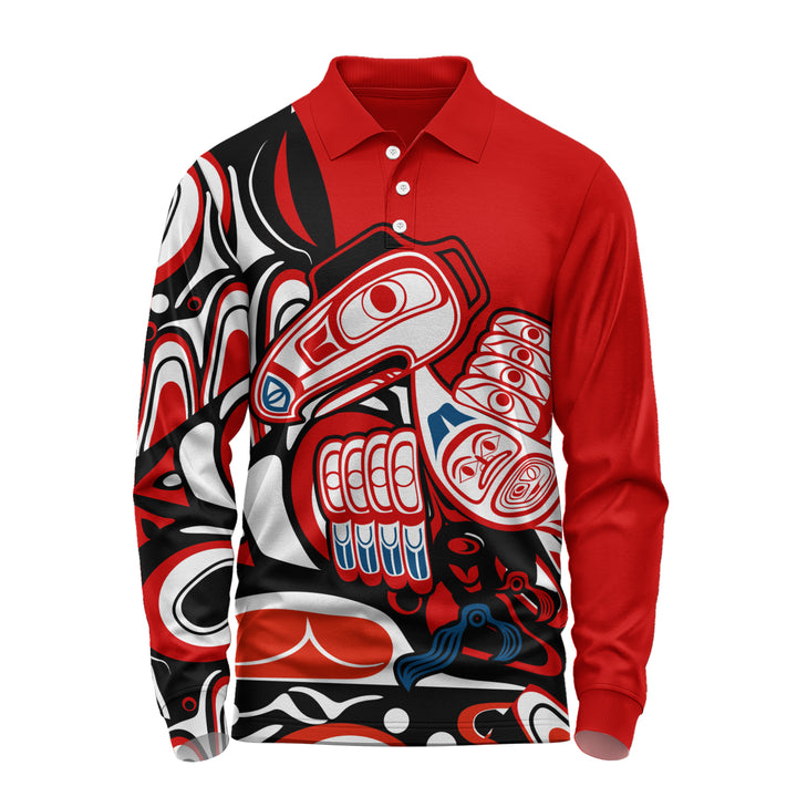 Canada Long Sleeve Polo Shirt Haida Red Totem Legacy