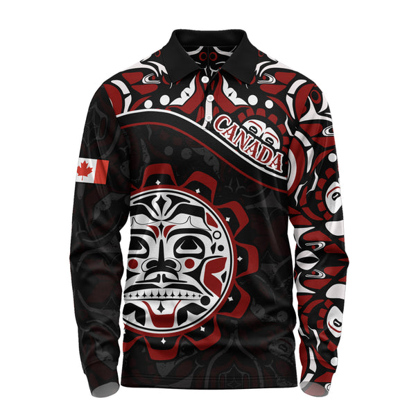Canada Long Sleeve Polo Shirt Haida Sun Spirit