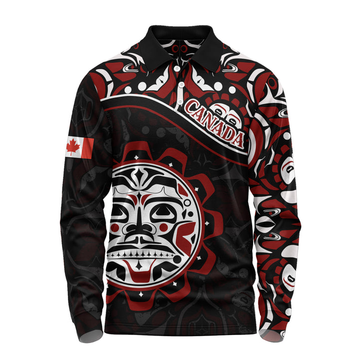 Canada Long Sleeve Polo Shirt Haida Sun Spirit