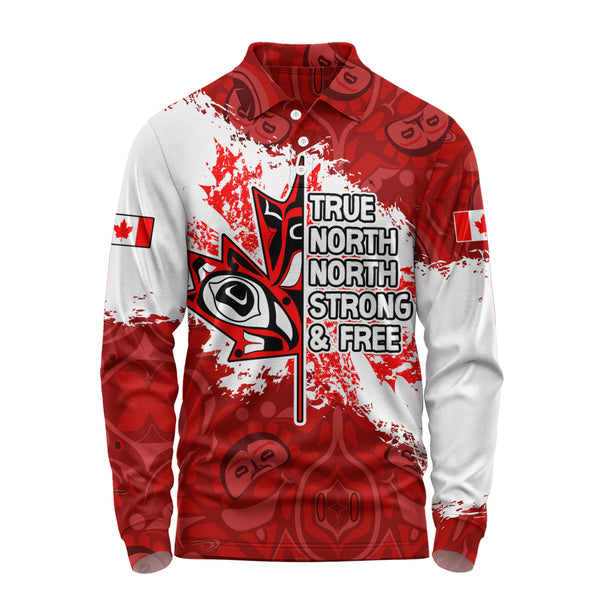 Canada Long Sleeve Polo Shirt Haida Indigenous Maple Pride