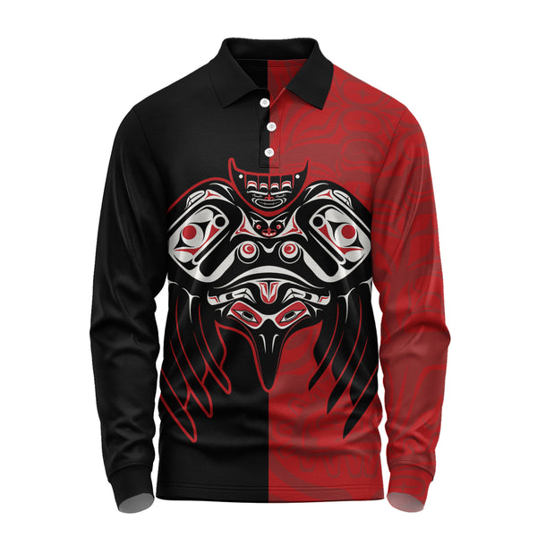 Canada Long Sleeve Polo Shirt Red And Black Haida Raven Guardian